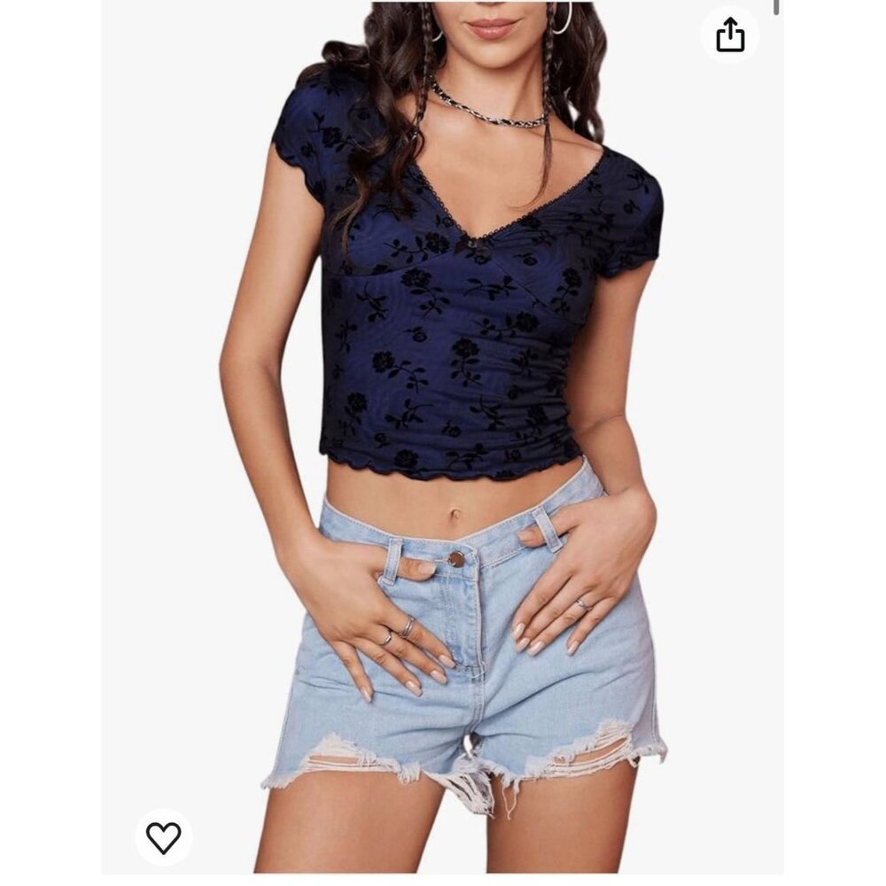 NEW Short Sleeve Blue Lace Crop Top Y2K Grunge Emo Edgy size XL